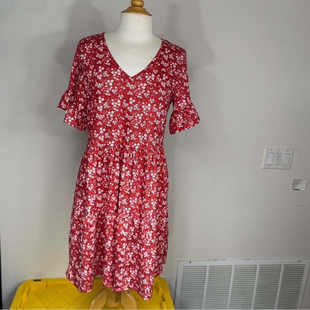 NCLOOK Women Red V Neck Flute Sleeve Tiered Flowy Mini Dress Size Medium Boho